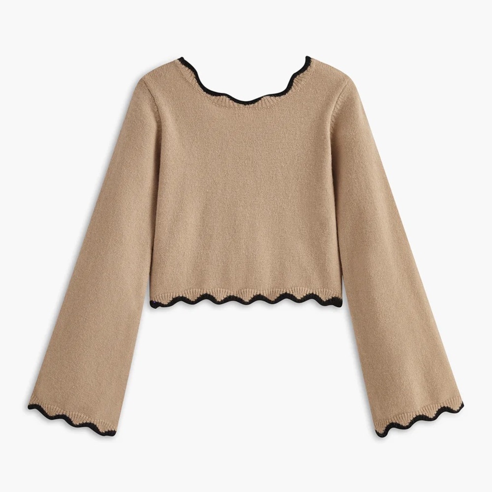 Commense Knit Contrast Wave Trim Bow Sweater Size Medium Tan and Black - Picture 3 of 12